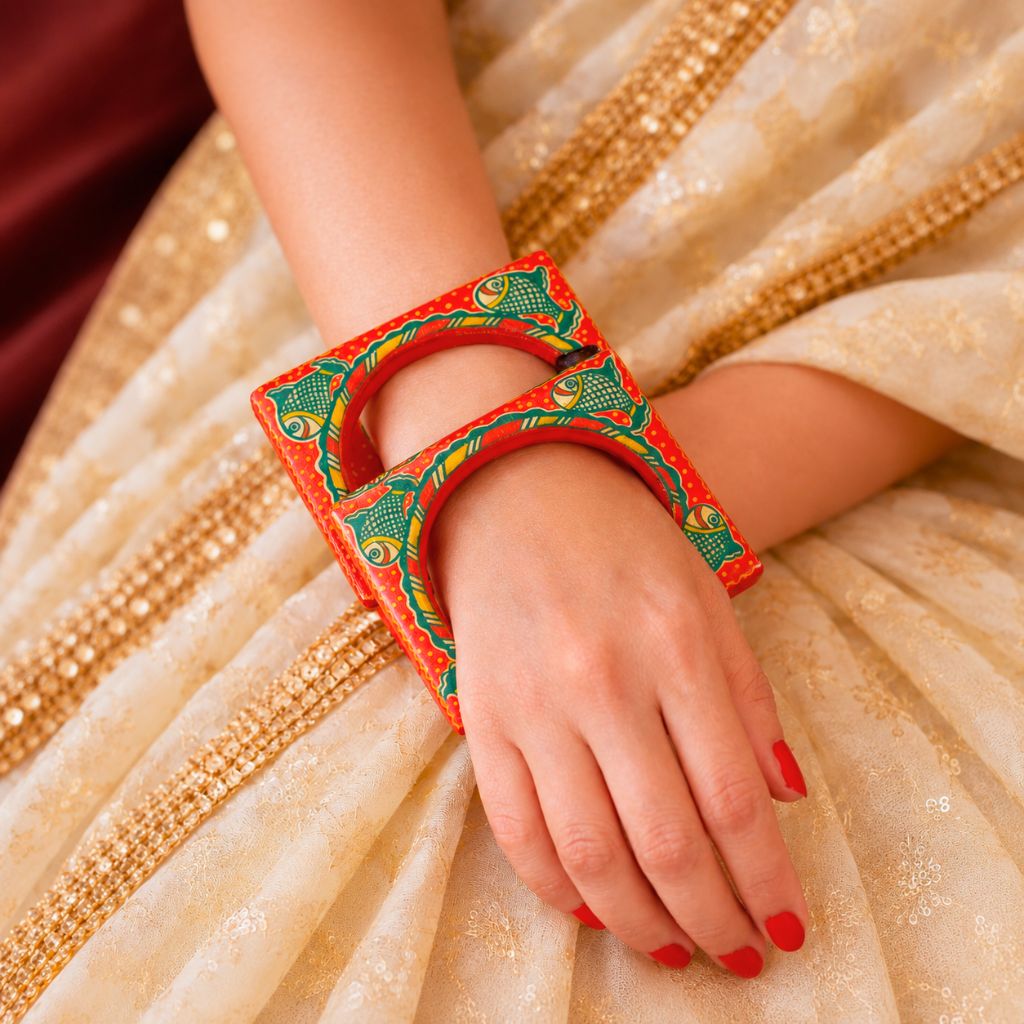 Handmade Wooden Bangles with Manjusha Painting | Bihari Folk Art Wearable Art | Boho Ethnic Gift for Her - Image 2