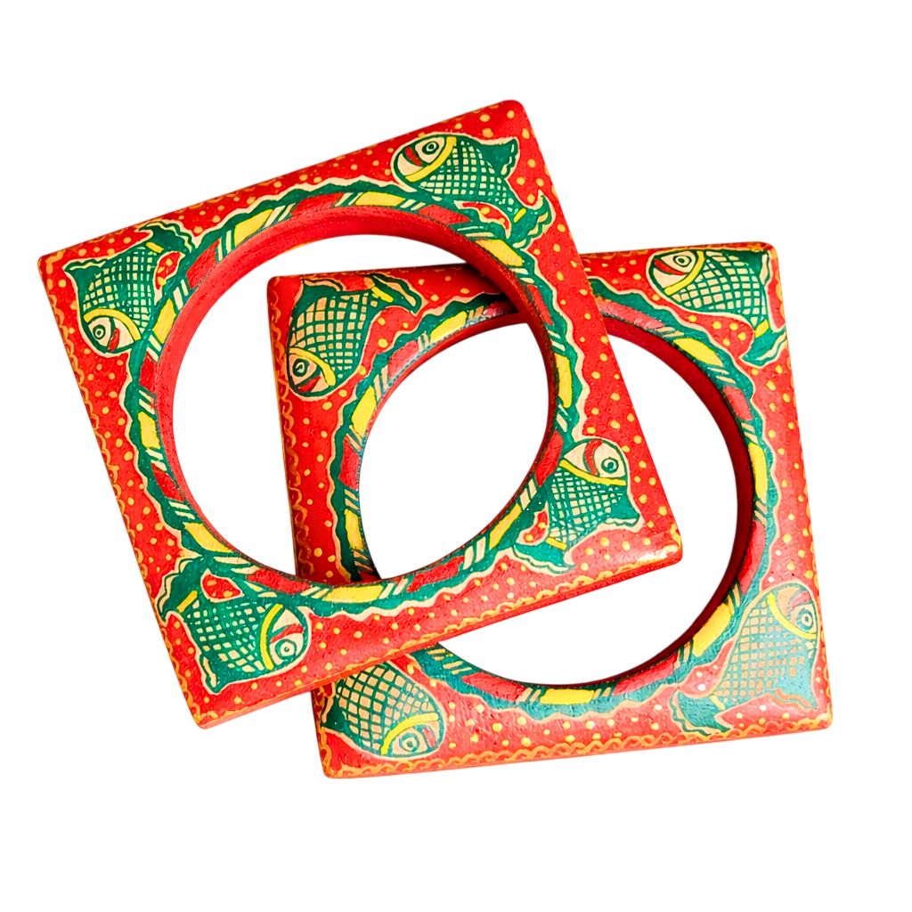 Handmade Wooden Bangles with Manjusha Painting | Bihari Folk Art Wearable Art | Boho Ethnic Gift for Her