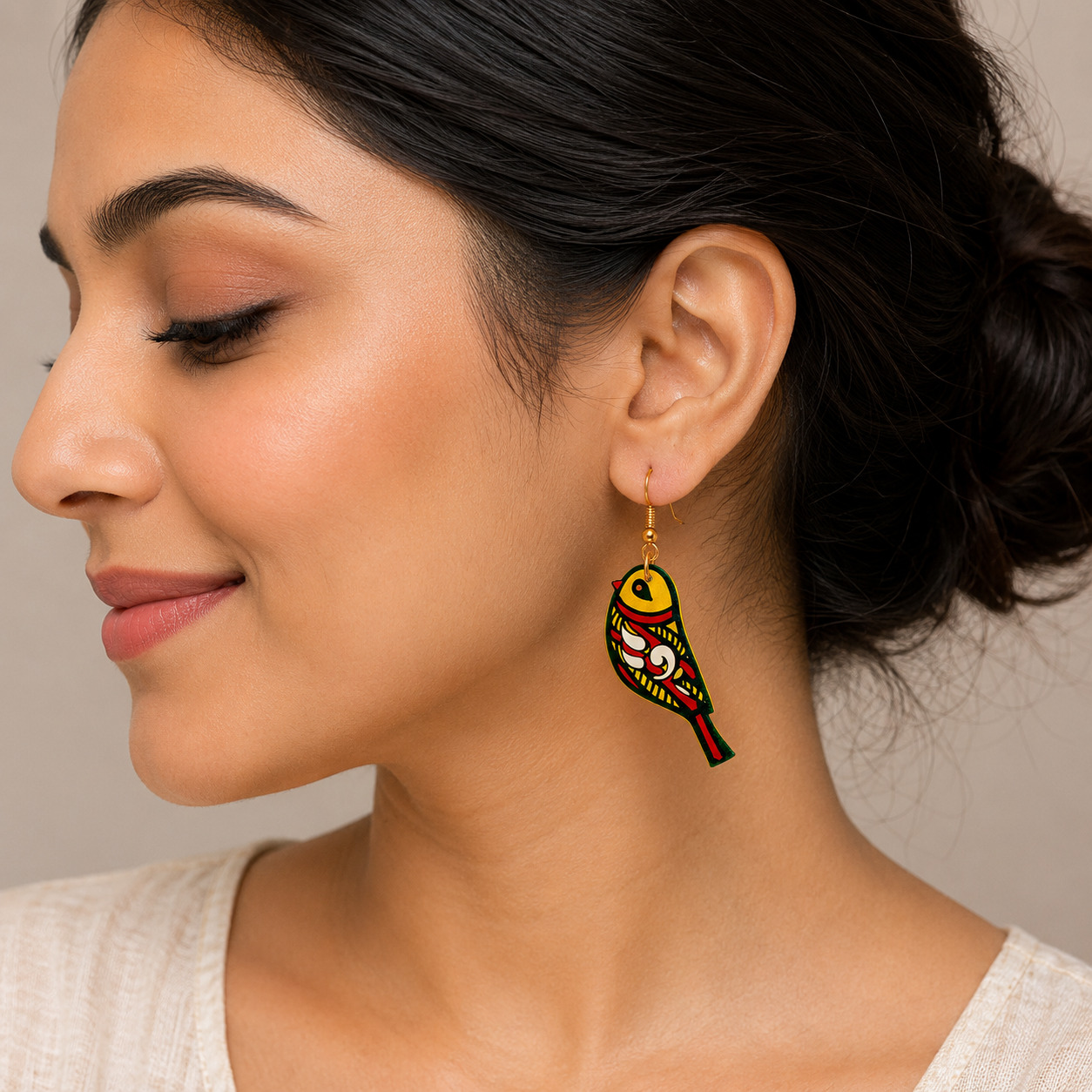 Handpainted Manjusha Art Parrot MDF Earrings | Traditional Folk Art Jewelry - Image 3