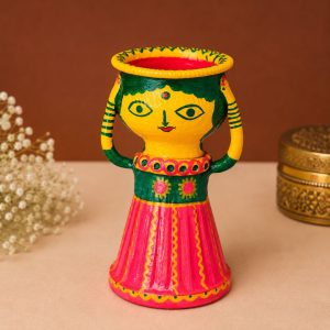 Hand-Painted Manjusha Art Earthen Doll – Traditional Terracotta Showpiece, Diya Stand, and Festive Tealight Holder