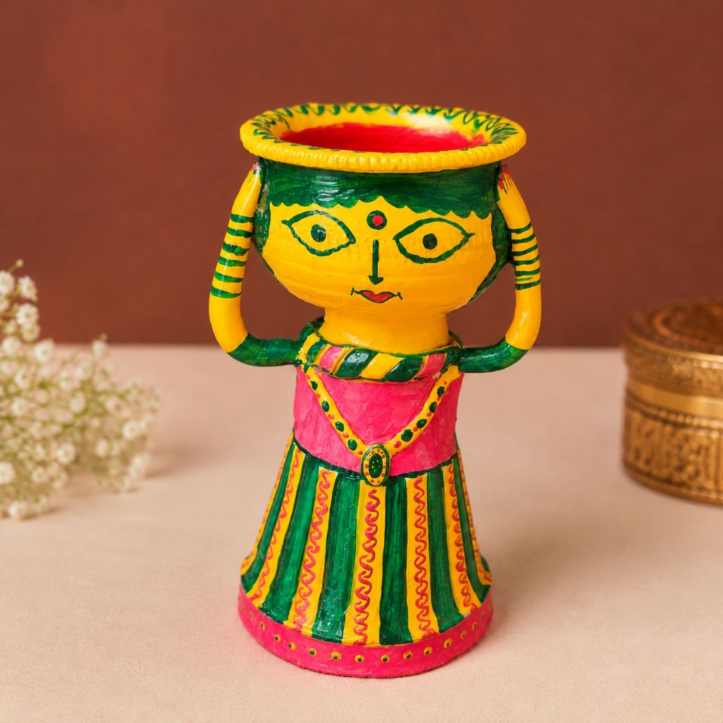 Hand-Painted Manjusha Art Earthen Doll | Traditional Folk Art Decorative Candle & Diya Stand | Eco-Friendly Return Gift