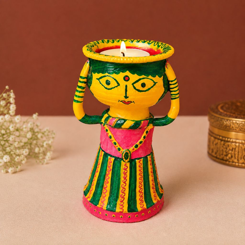 Hand-Painted Manjusha Art Earthen Doll | Traditional Folk Art Decorative Candle & Diya Stand | Eco-Friendly Return Gift - Image 2