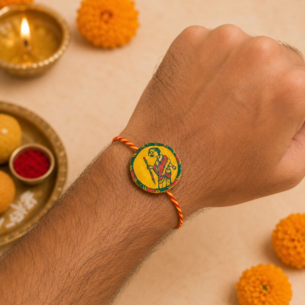 Hand-painted Mahatma Gandhi Rakhi in traditional Manjusha Art | Handmade Traditional Rakhi with Roli Chawal & Gift Box - Image 3