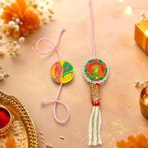 Hand Painted Manjusha Art Bhaiya Bhabhi Rakhi Set | Radha Krishna Motif | Handmade Raksha Bandhan Gift