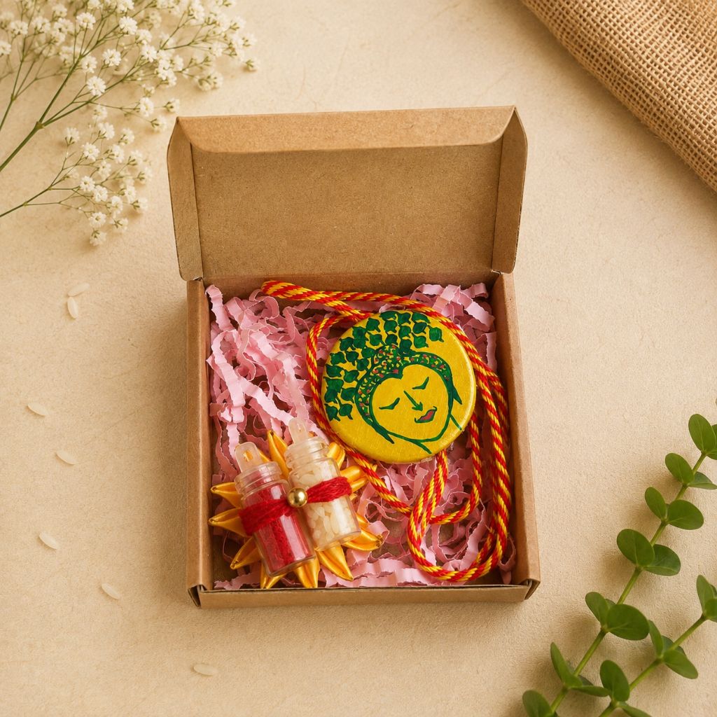 Hand-Painted Buddha Rakhi in Manjusha Art | Handmade Traditional Rakhi with Roli Chawal & Gift Box - Image 2