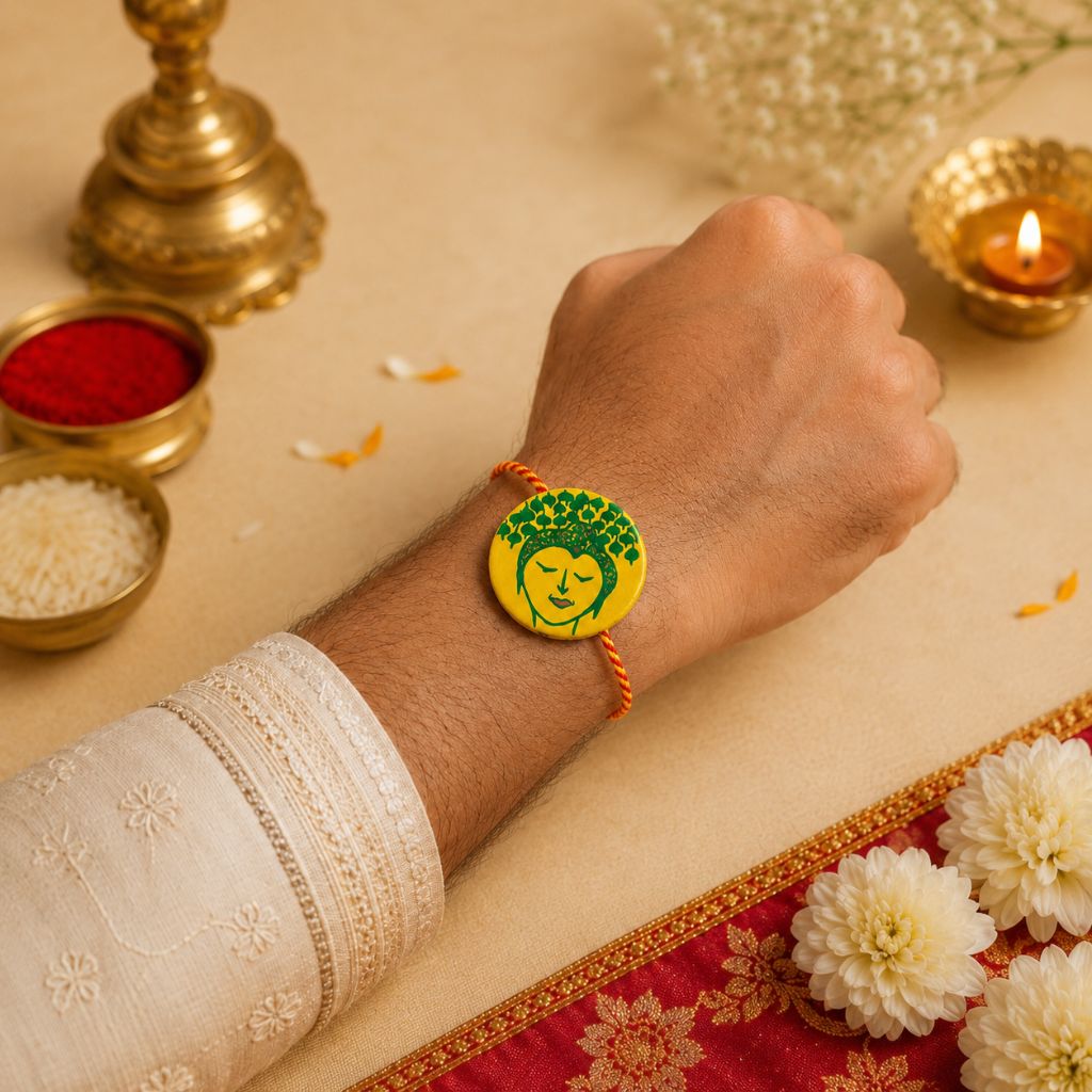 Hand-Painted Buddha Rakhi in Manjusha Art | Handmade Traditional Rakhi with Roli Chawal & Gift Box - Image 4