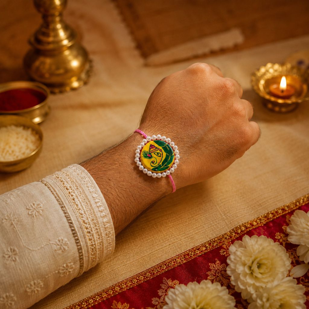 Hand-Painted Manjusha Rakhi with Roli Chawal | Eco-Friendly | Traditional Bihar Folk Art Rakhi for Brother - Image 3
