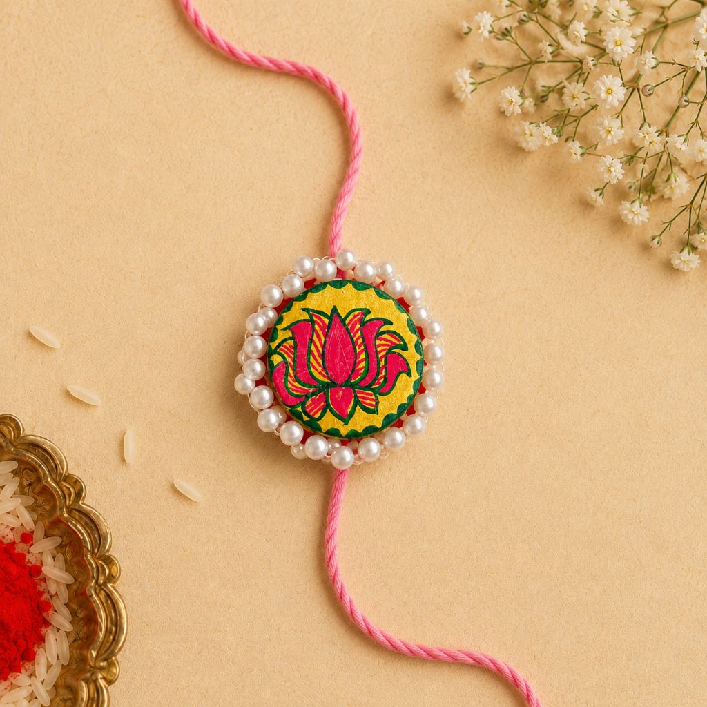 Hand-Painted Manjusha Lotus Rakhi | Traditional Bihar Folk Art Rakhi | Elegant Raksha Bandhan Gift
