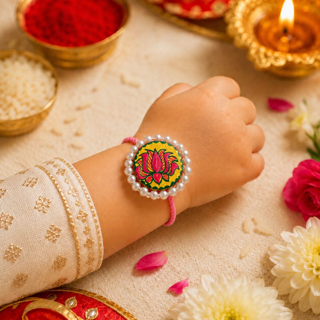 Hand-Painted Manjusha Lotus Rakhi | Traditional Bihar Folk Art Rakhi | Elegant Raksha Bandhan Gift - Image 2