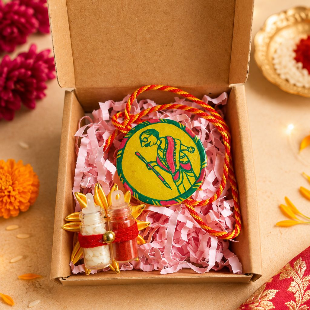 Hand-painted Mahatma Gandhi Rakhi in traditional Manjusha Art | Handmade Traditional Rakhi with Roli Chawal & Gift Box - Image 2