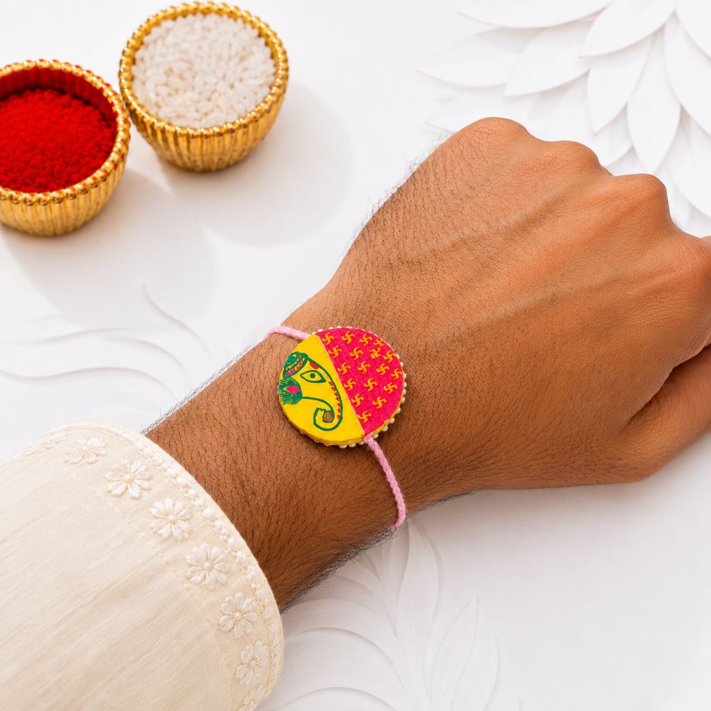 Handmade Manjusha Art Rakhi with Ganesha & Swastik Motif | Traditional Hand-Painted Raksha Bandhan Rakhi - Image 3