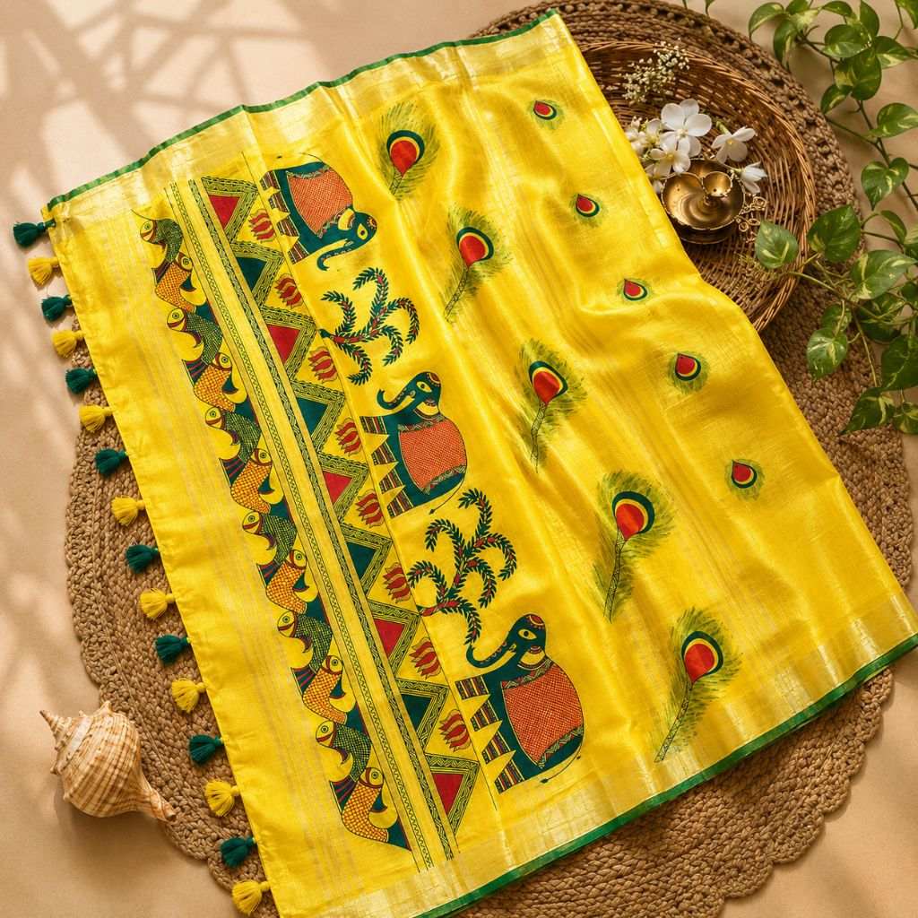 Hand Painted Manjusha Art Saree | Yellow Linen Cotton Saree with Traditional Bihar Folk Art - Image 2