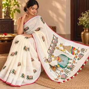 Hand Painted Manjusha Art Saree | Linen Cotton Saree with Traditional Bihar Folk Art