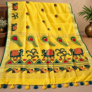 Hand Painted Manjusha Art Saree | Yellow Linen Cotton Saree with Traditional Bihar Folk Art