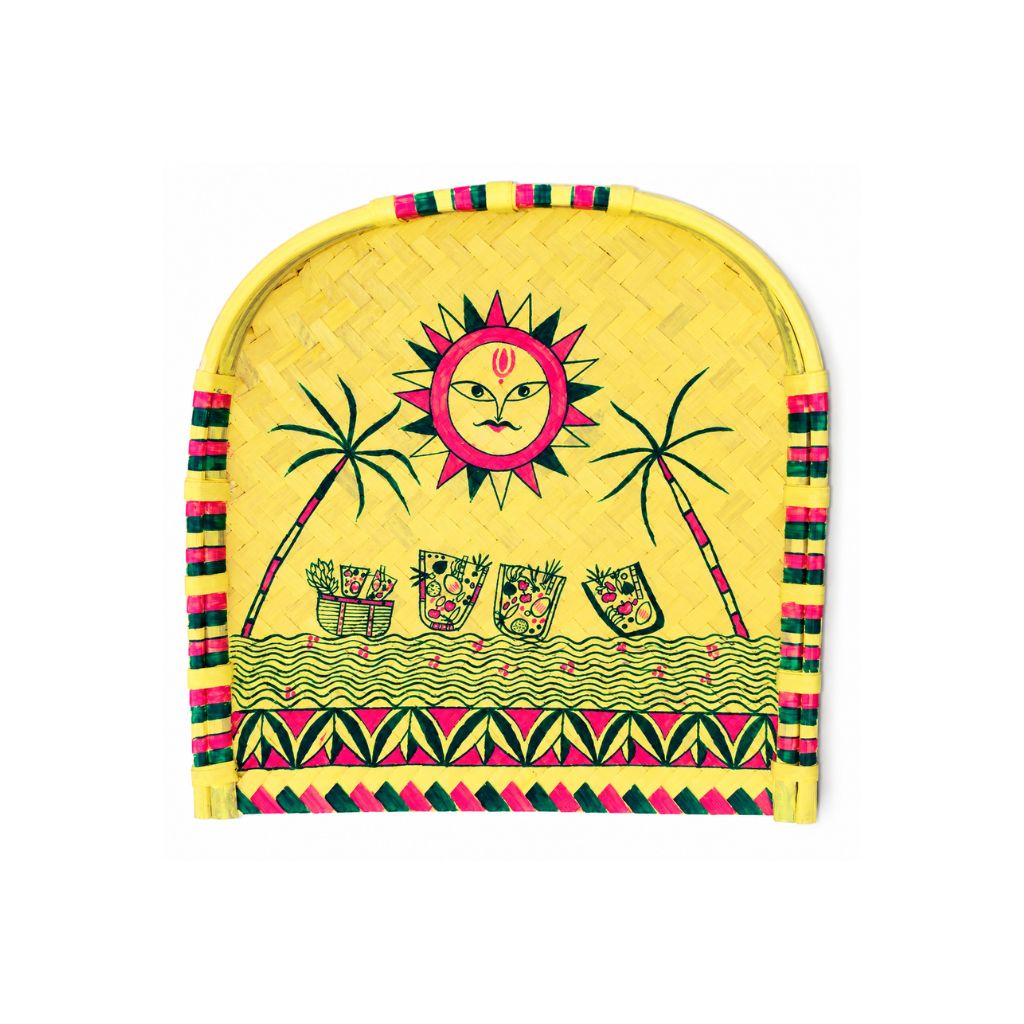 Hand-Painted Manjusha Art Bamboo Soop for Chhath Puja – Traditional Handmade Bihar Folk Art Puja Basket
